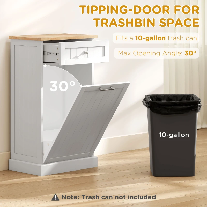 HOMCOM Kitchen Tilt Out Trash Bin Cabinet Free Standing Recycling Cabinet Trash Can Holder With Drawer, White