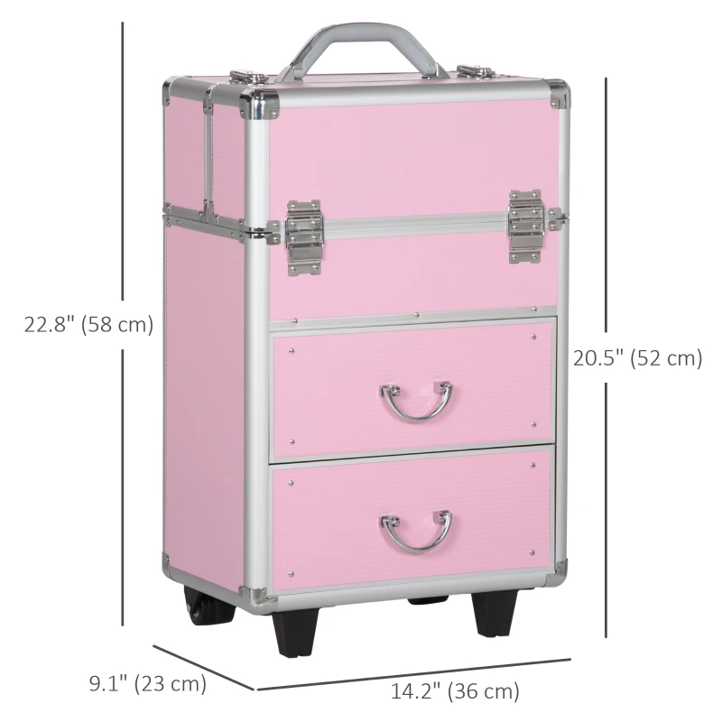 HOMCOM Rolling Makeup Case, Large Storage Cosmetic Trolley, Lockable Traveling Cart Trunk with Folding Trays, Swivel Wheels