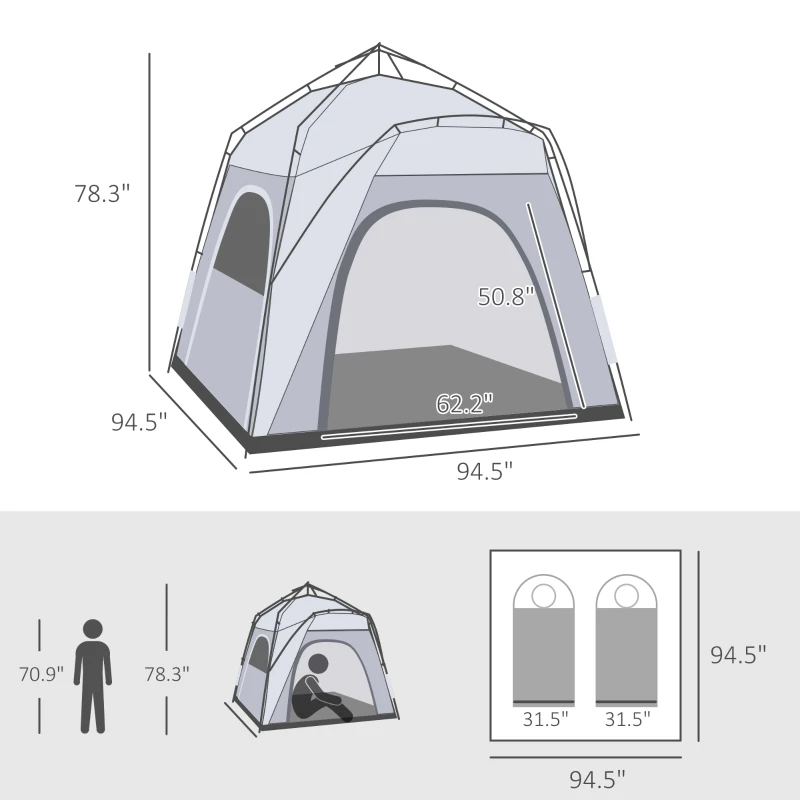 Outsunny 4 Person Pop Up Camping Tent Quick Setup Automatic Hydraulic Family Travel Tent w/ Windows Doors Carry Bag, Gray