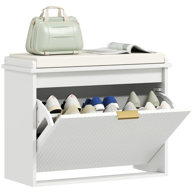 HOMCOM Entryway Bench with Padded Seat and Flip-Drawers, Holds up to 265lbs, Shoe Storage Bench for 6 Pairs of Shoes, White