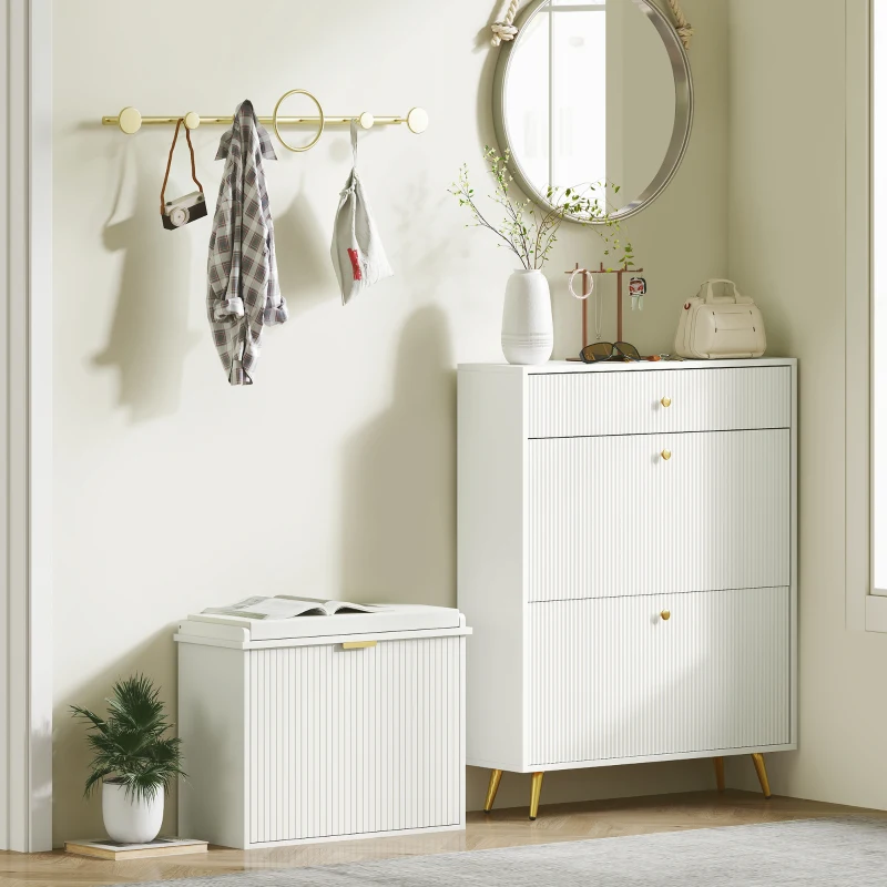 HOMCOM Entryway Bench with Padded Seat and Flip-Drawers, Holds up to 265lbs, Shoe Storage Bench for 6 Pairs of Shoes, White