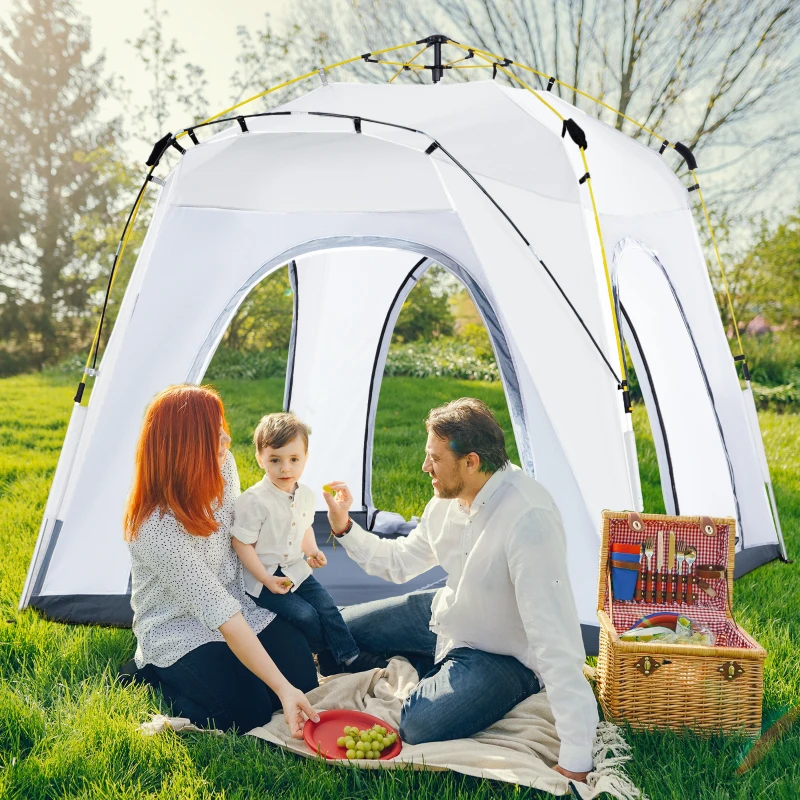 Outsunny 4 Person Pop Up Camping Tent Quick Setup Automatic Hydraulic Family Travel Tent w/ Windows Doors Carry Bag, Gray