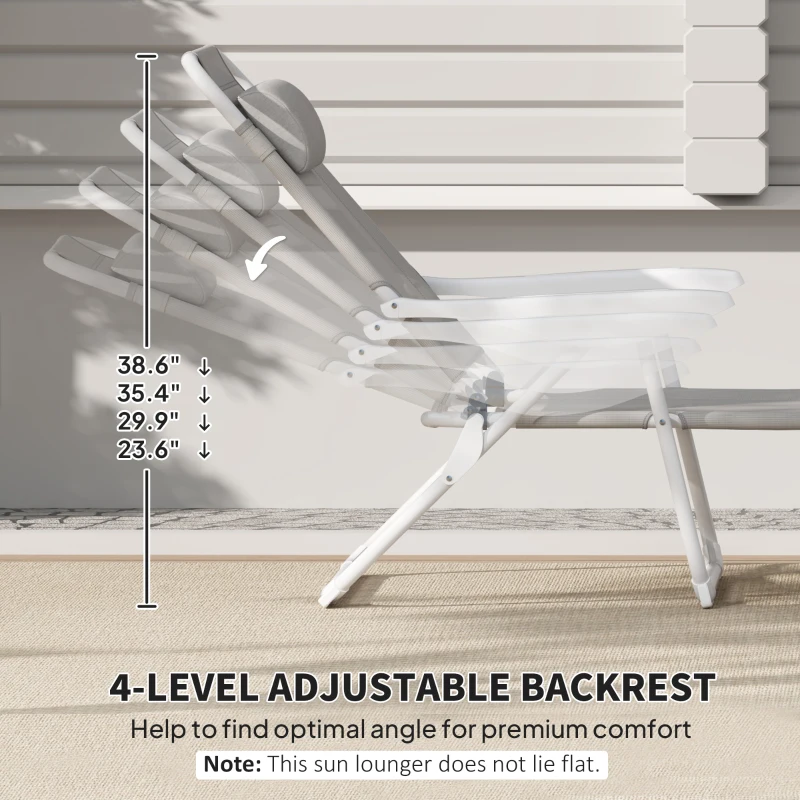 Outsunny Folding Chaise Lounge, Outdoor Sun Tanning Chair, 4-Position Reclining Back, Armrests, Removable Pillow, Light Gray