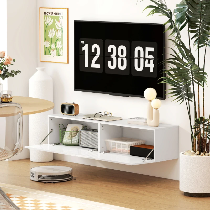 HOMCOM Floating TV Stand with Storage Cupboards for 45, 55, 65in TVs, Wall Mounted TV Console Entertainment Unit, White