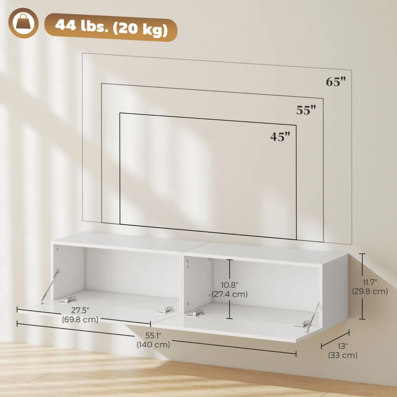 HOMCOM Floating TV Stand with Storage Cupboards for 45, 55, 65in TVs, Wall Mounted TV Console Entertainment Unit, White