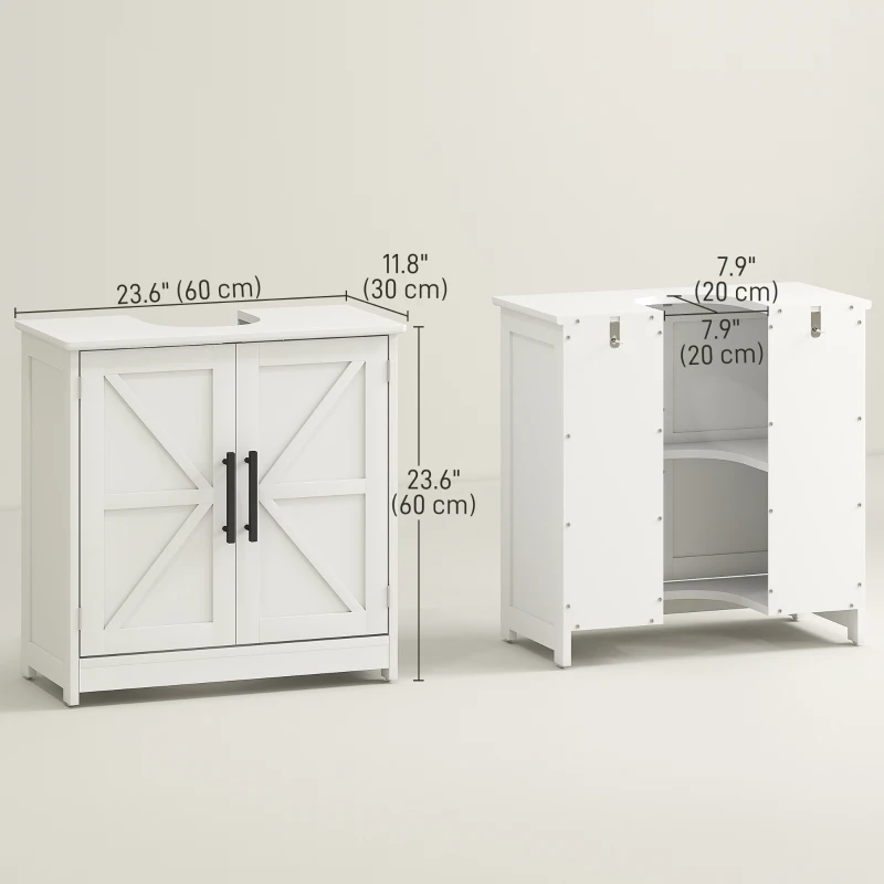 HOMCOM Farmhouse Pedestal Sink Storage Cabinet, Bathroom Under Sink Cabinet with 2 Barn Doors and Adjustable Shelf, White