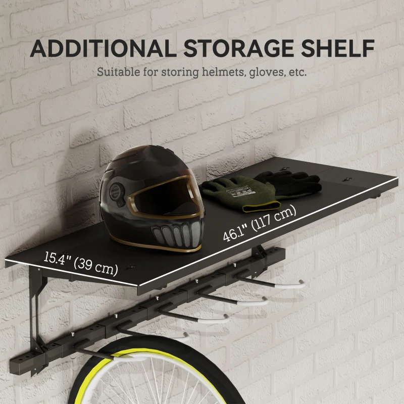 Soozier Bike Storage Rack for 5 Bikes, Wall Mounted Bicycle Rack with Shelf and Adjustable Hooks for Indoor Outdoor Use, Black