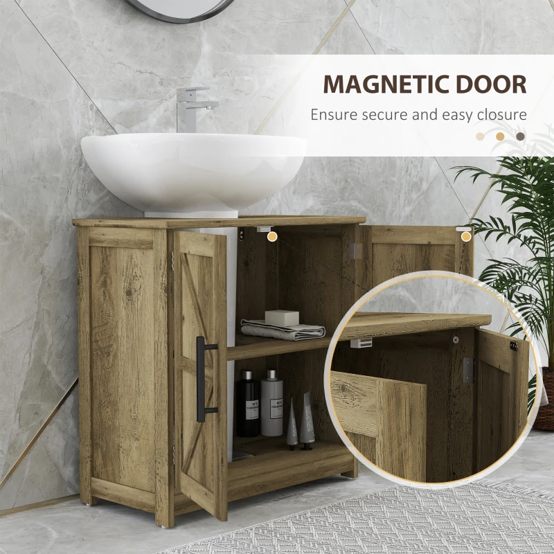 HOMCOM Farmhouse Pedestal Sink Storage Cabinet, Bathroom Sink Cabinet with 2 Barn Doors and Adjustable Shelf, Light Gray