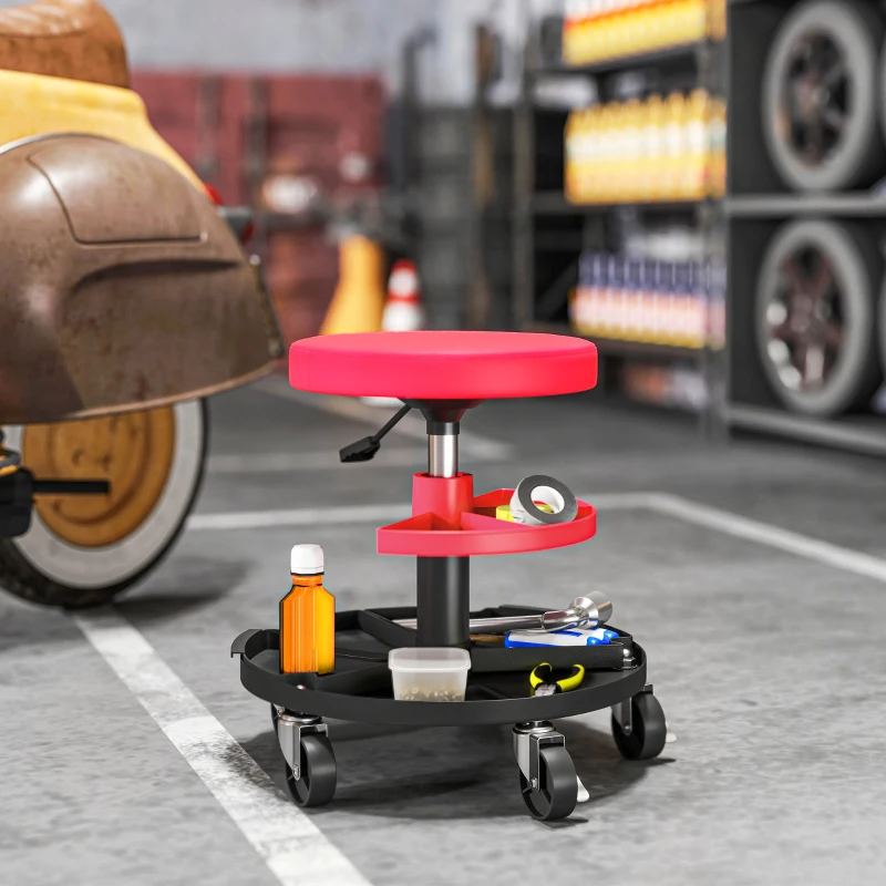 HOMCOM Rolling Garage Stool, 300 LBS Capacity Mechanic Stool with 2.5" Wheels, Tool Trays Storage, Adjustable Height, Red