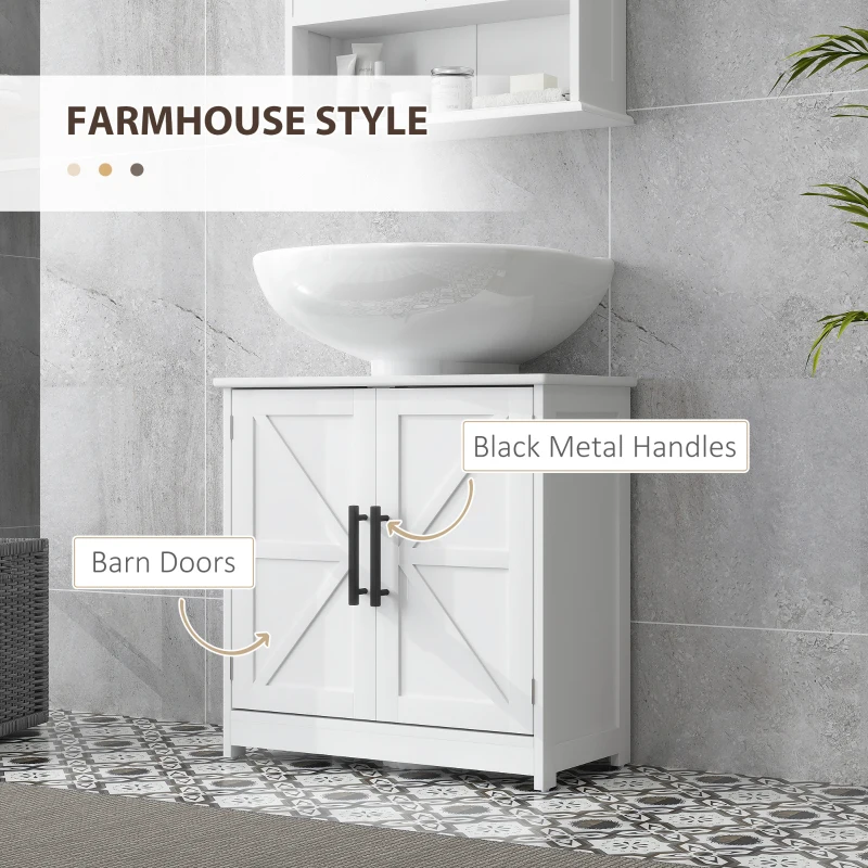 HOMCOM Farmhouse Pedestal Sink Storage Cabinet, Bathroom Under Sink Cabinet with 2 Barn Doors and Adjustable Shelf, White