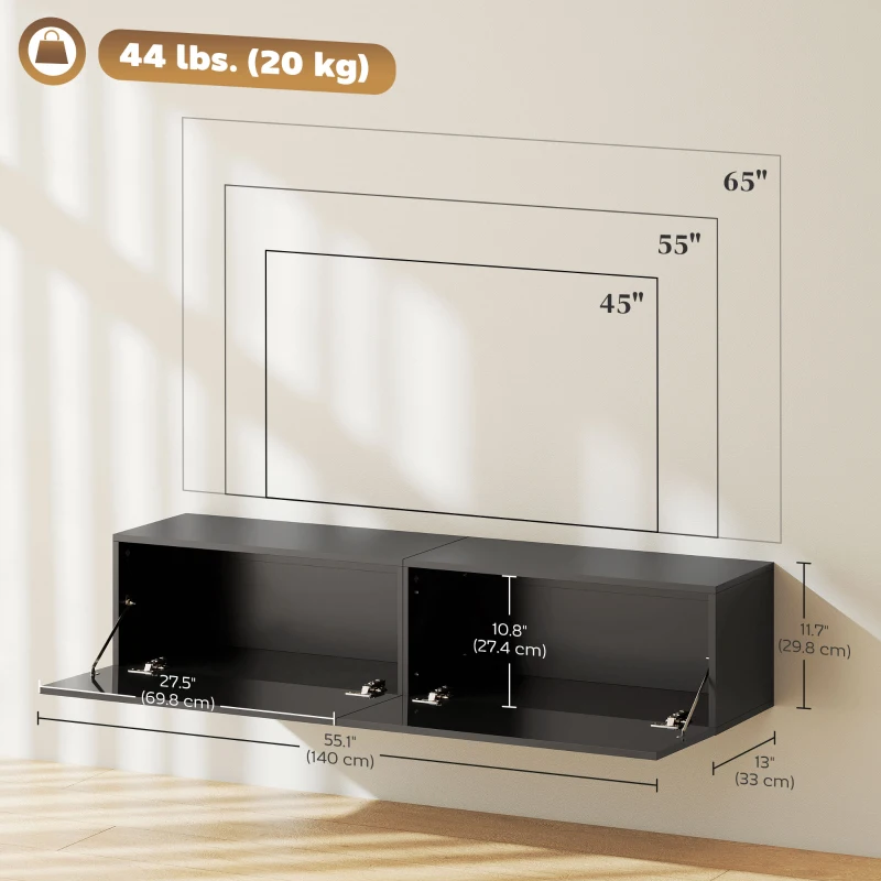 HOMCOM Floating TV Stand with Storage Cupboards for 45, 55, 65in TVs, Wall Mounted TV Console Entertainment Unit, Black
