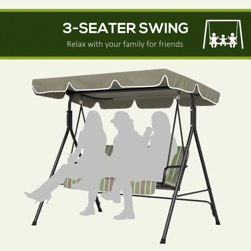 Outsunny 3-Seat Outdoor Patio Swing Chair w/ Cushion, Steel Frame Stand, Adjustable Tilt Canopy for Patio, Garden, Beige & Green