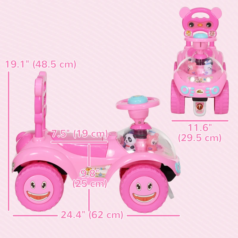Qaba Toddlers Push Car with Horn, Light, Music, Anti-Over-Backwards Device, Steering Wheel, Under Seat Storage, Pink