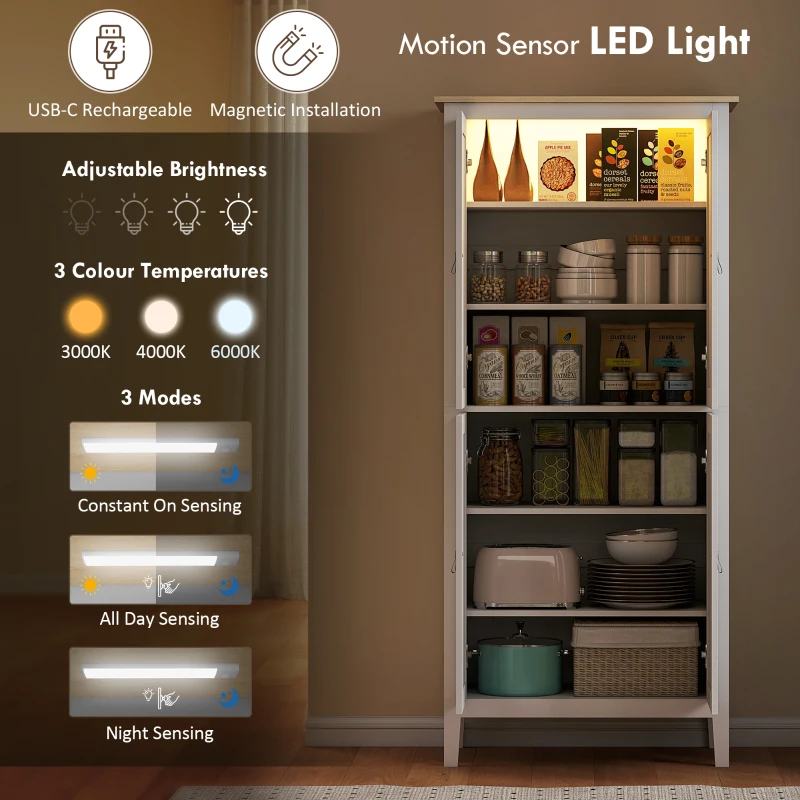 HOMCOM 69.5" Tall Kitchen Pantry Storage Cabinet with Motion Sensor LED Light, Modern Kitchen Pantry Cabinet, White
