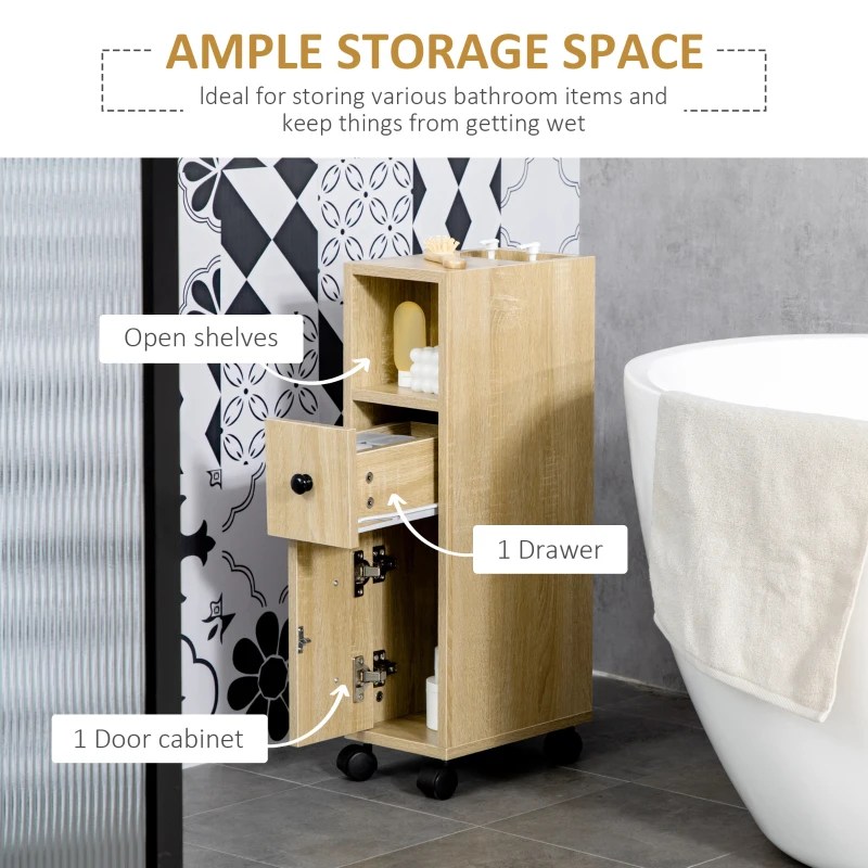 kleankin Freestanding Compact Design Bathroom Cabinet with 2 Open Cabinets, 1 Door Cabinet, 1 Drawer and 4 Rolling Wheels, Oak Grain Color