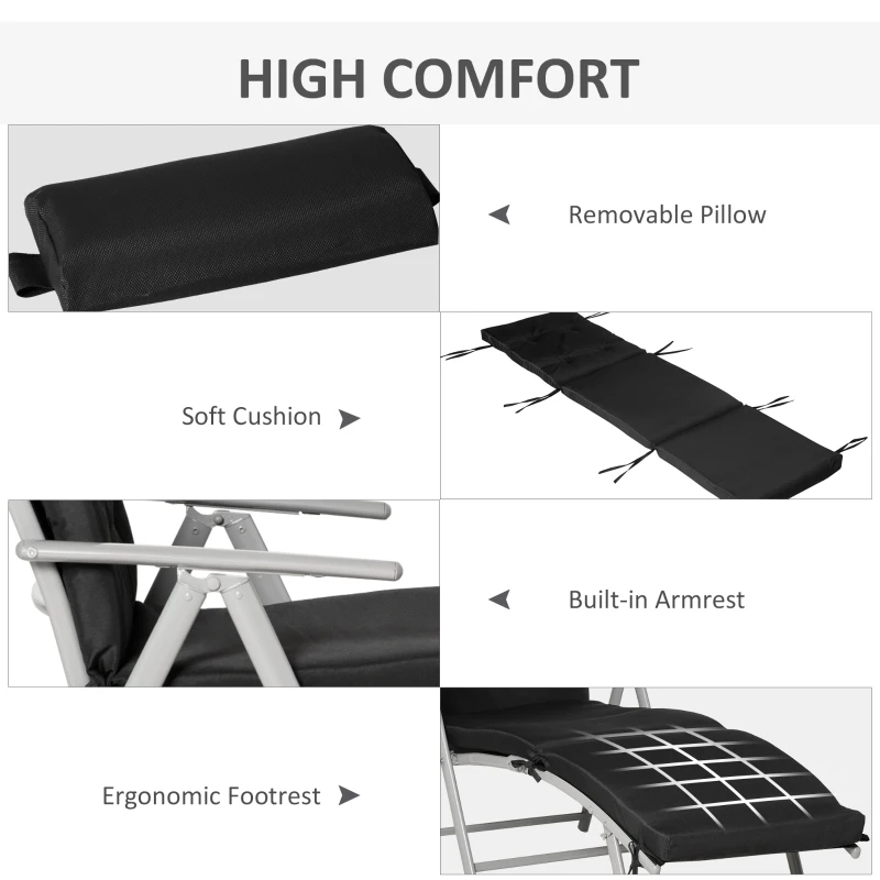 Outsunny Outdoor Folding Chaise Lounge Chair Recliner with Portable Design, Adjustable Backrest, Cushion and Headrest, Black