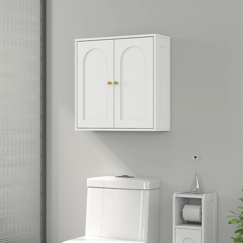 HOMCOM Medicine Cabinet, Modern Bathroom Wall Cabinet with 2 Arched Doors and Gold Handles, White Wood Grain