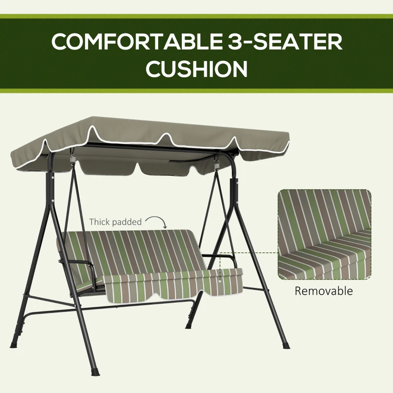 Outsunny 3-Seat Outdoor Patio Swing Chair w/ Cushion, Steel Frame Stand, Adjustable Tilt Canopy for Patio, Garden, Beige & Green