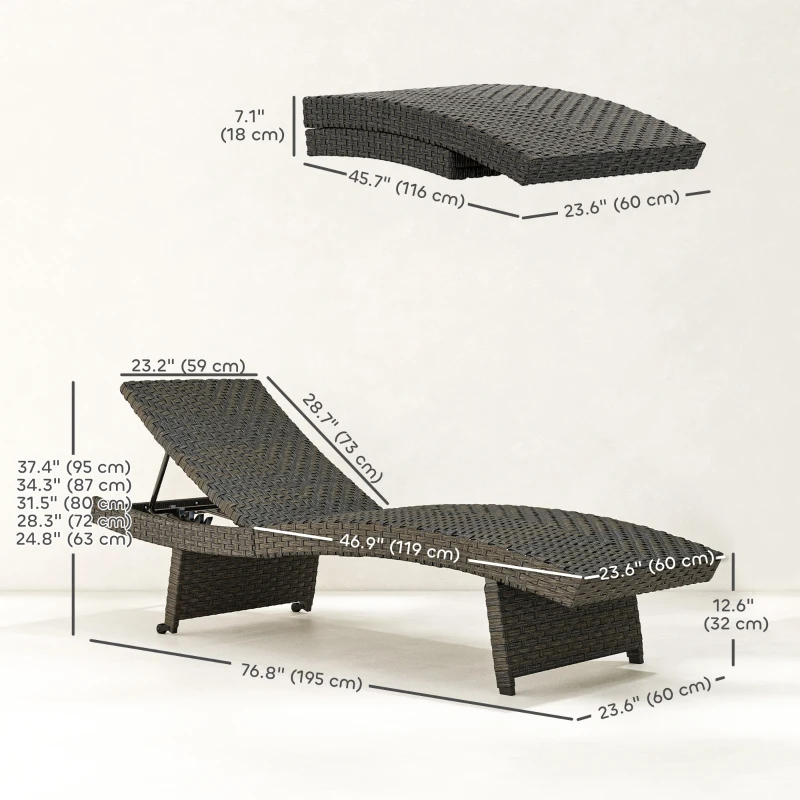 Outsunny Rattan Folding Outdoor Lounger Chair Recliner with 5-Level Adjustable Backrest, Wheels for Garden, Patio, Mixed Brown