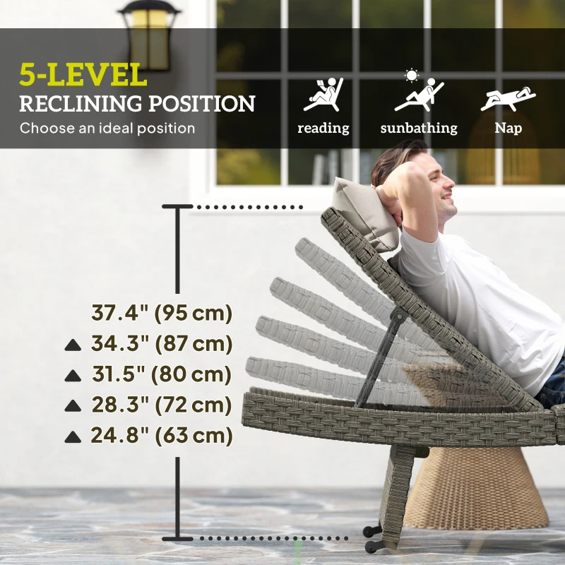 Outsunny Rattan Folding Outdoor Lounger Chair Recliner with 5-Level Adjustable Backrest, Wheels for Garden, Patio, Mixed Grey