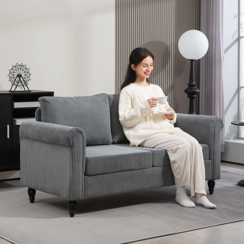 HOMCOM Vintage Loveseat, Upholstered Love Seat Furniture, Fabric 2 Seater Sofa with Rolled Arms, Rubber Wood Legs, Grey