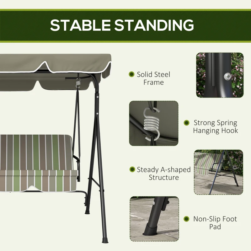 Outsunny 3-Seat Outdoor Patio Swing Chair w/ Cushion, Steel Frame Stand, Adjustable Tilt Canopy for Patio, Garden, Beige & Green