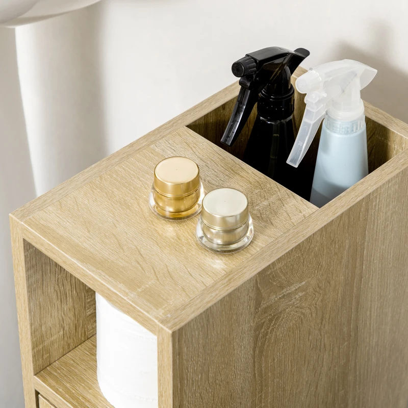 kleankin Freestanding Compact Design Bathroom Cabinet with 2 Open Cabinets, 1 Door Cabinet, 1 Drawer and 4 Rolling Wheels, Oak Grain Color