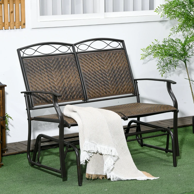 Outsunny Outdoor Glider Loveseat, Steel Frame Rattan Gliding Chair, Mixed Brown