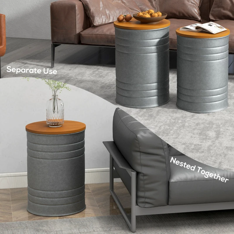 HOMCOM Round Side Table Set of 2, Nesting Coffee Tables w/ Wooden Lid, Galvanized Sheet Frame and Hidden Storage Space, Grey