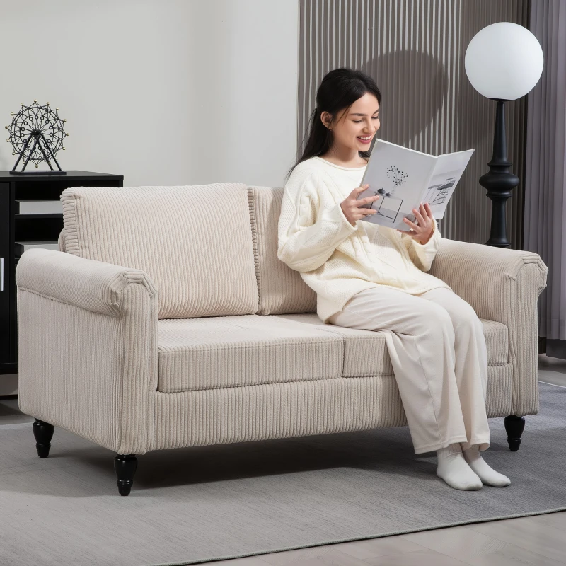 HOMCOM Vintage Loveseat, Upholstered Love Seat Furniture, Fabric 2 Seater Sofa with Rolled Arms, Rubber Wood Legs, Beige