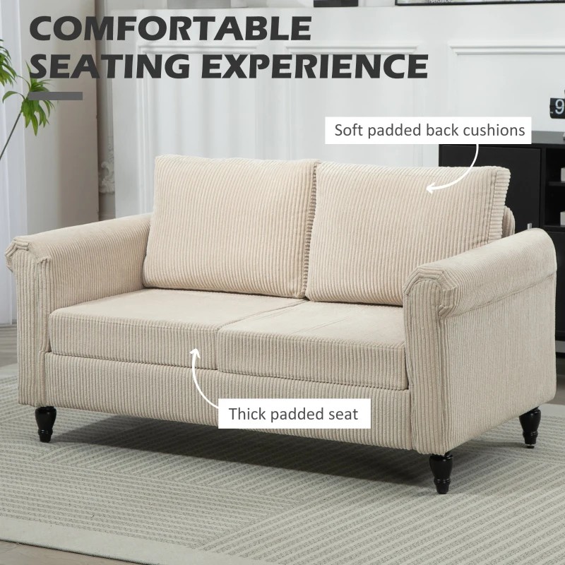 HOMCOM Vintage Loveseat, Upholstered Love Seat Furniture, Fabric 2 Seater Sofa with Rolled Arms, Rubber Wood Legs, Beige