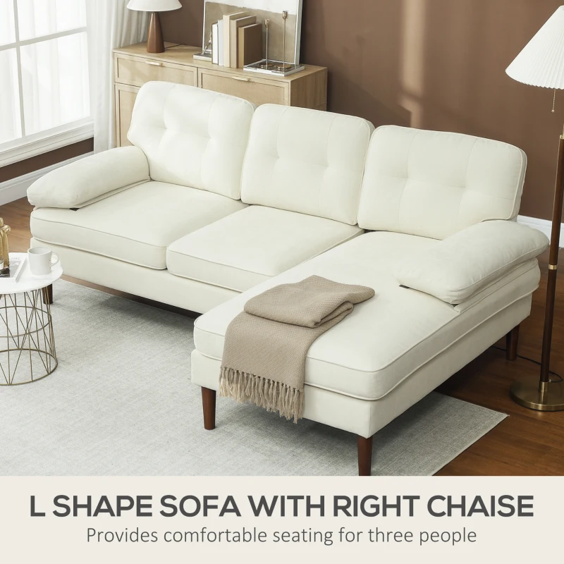 HOMCOM Modern Corner Couch with Right Chaise Lounge, Tufted 3-Seater Sofa with Wooden Legs for Living Room, Cream White