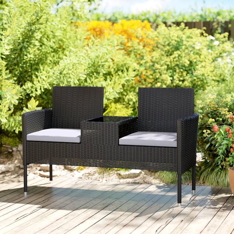 Outsunny Patio Furniture w/ Mid-Table PE Rattan Loveseat w/ Cushion, Light Grey