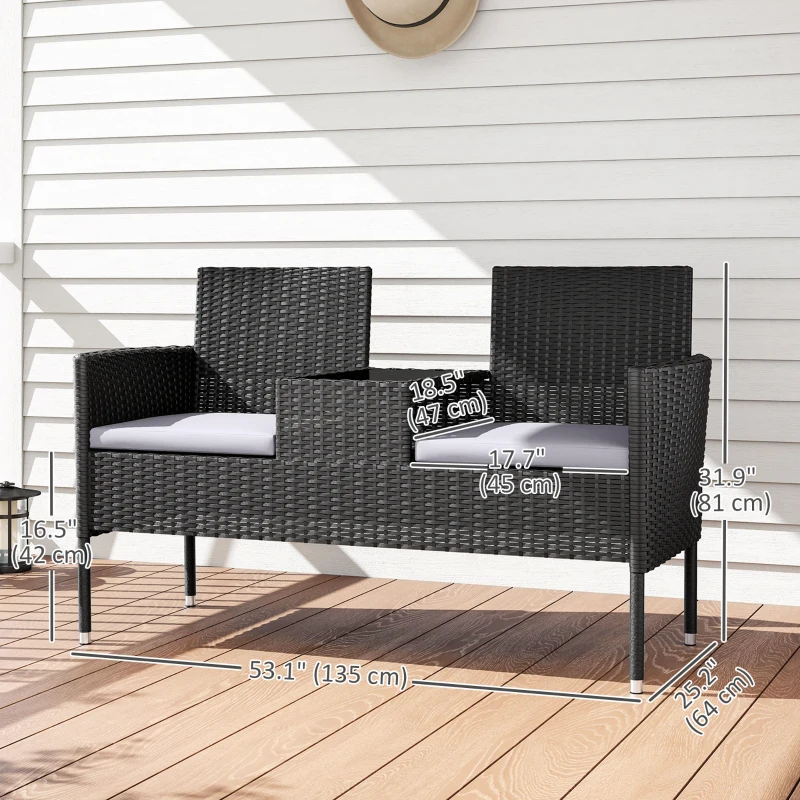 Outsunny Patio Furniture w/ Mid-Table PE Rattan Loveseat w/ Cushion, Light Grey