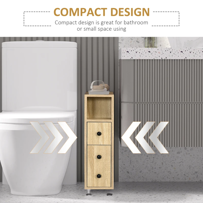 kleankin Freestanding Compact Design Bathroom Cabinet with 2 Open Cabinets, 1 Door Cabinet, 1 Drawer and 4 Rolling Wheels, Oak Grain Color