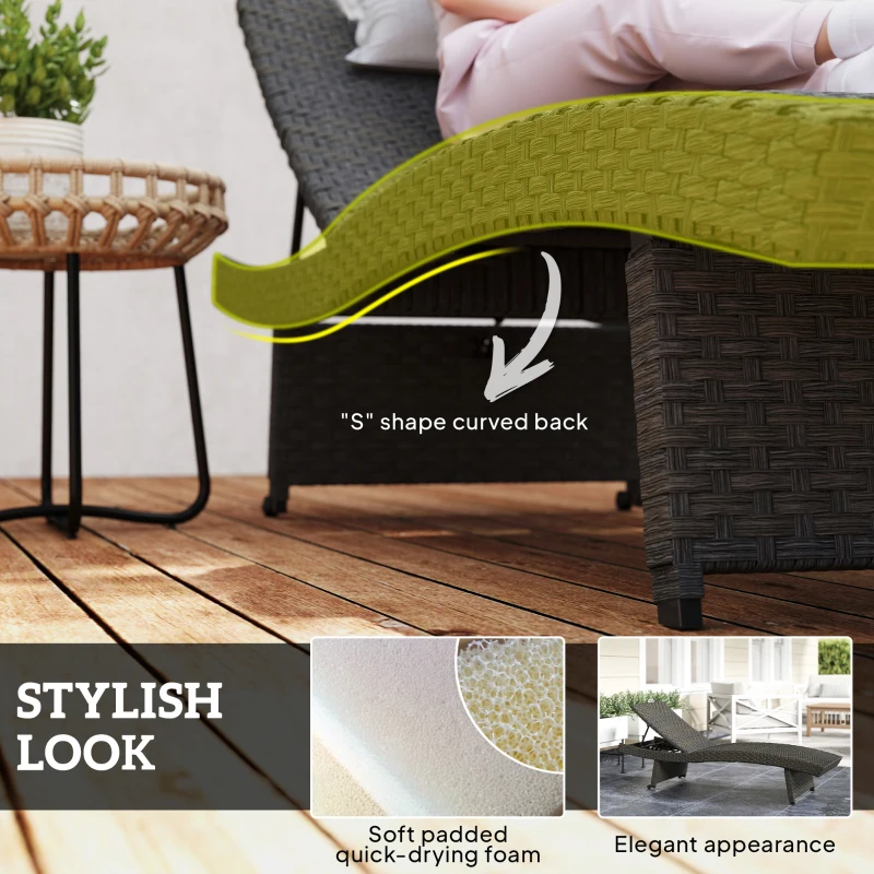 Outsunny Rattan Folding Outdoor Lounger Chair Recliner with 5-Level Adjustable Backrest, Wheels for Garden, Patio, Mixed Brown