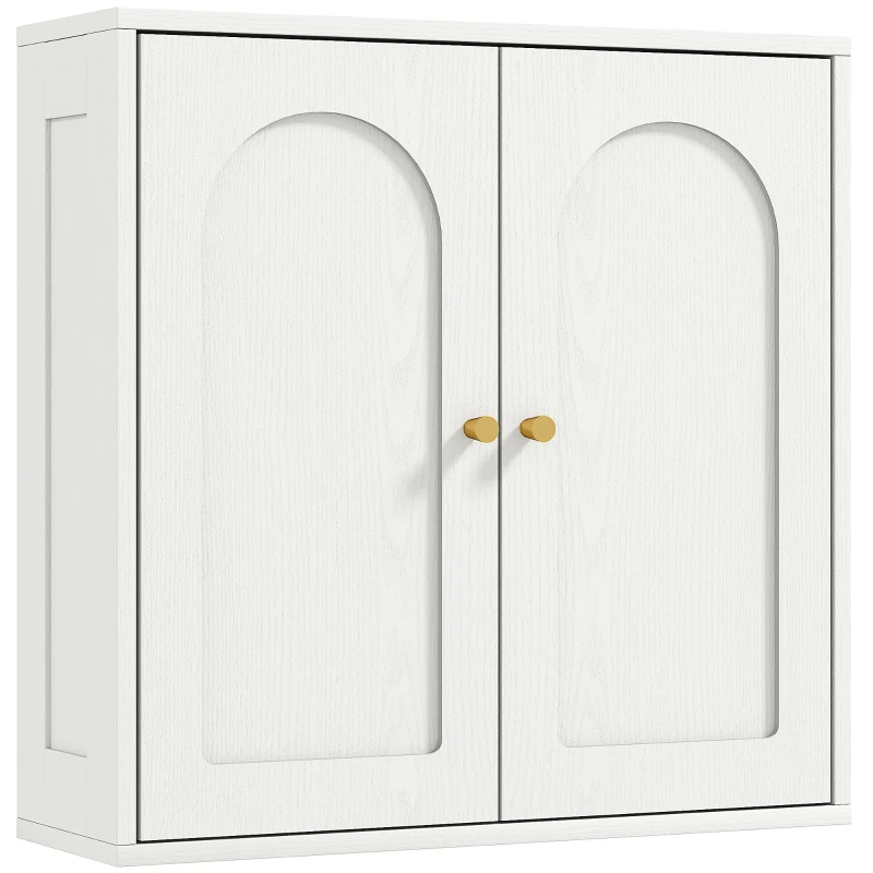 HOMCOM Medicine Cabinet, Modern Bathroom Wall Cabinet with 2 Arched Doors and Gold Handles, White Wood Grain