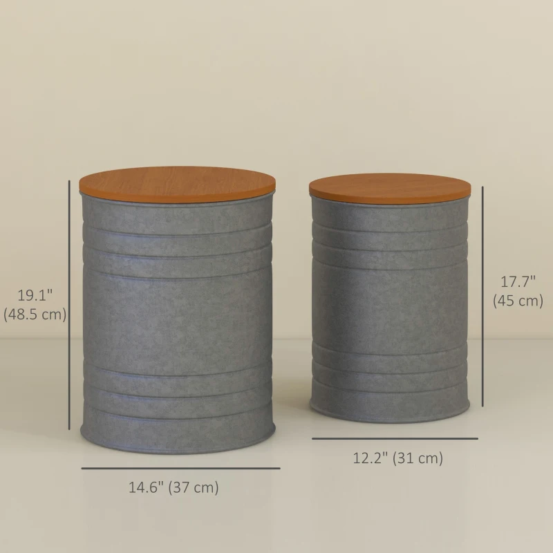 HOMCOM Round Side Table Set of 2, Nesting Coffee Tables w/ Wooden Lid, Galvanized Sheet Frame and Hidden Storage Space, Grey
