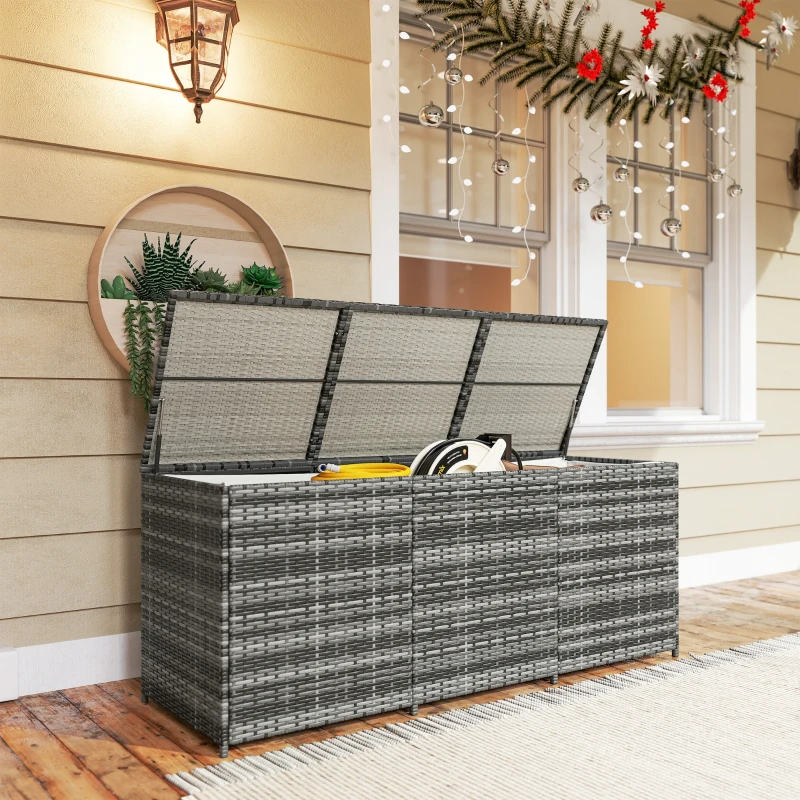 Outsunny 175 Gallon Outdoor Storage Box with Inner Liner, PE Rattan Wicker Deck Box with Pneumatic Bar Lift, Mixed Gray