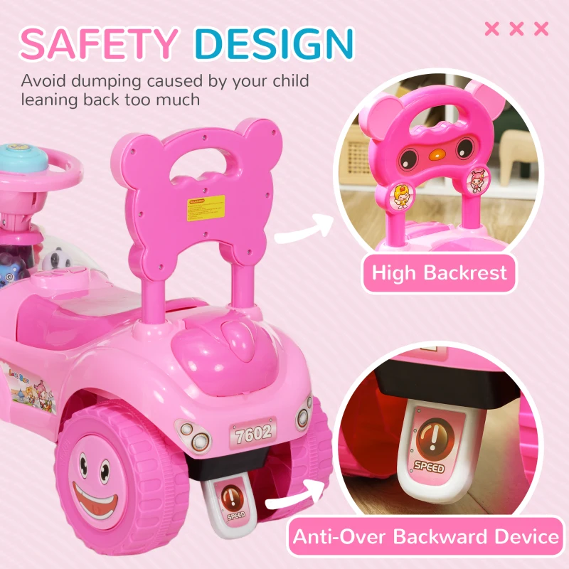 Qaba Toddlers Push Car with Horn, Light, Music, Anti-Over-Backwards Device, Steering Wheel, Under Seat Storage, Pink