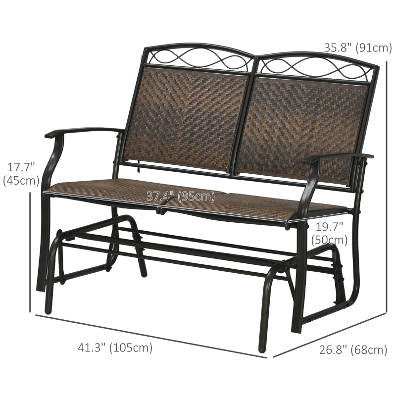 Outsunny Outdoor Glider Loveseat, Steel Frame Rattan Gliding Chair, Mixed Brown