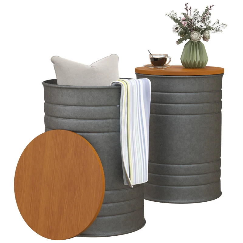 HOMCOM Round Side Table Set of 2, Nesting Coffee Tables w/ Wooden Lid, Galvanized Sheet Frame and Hidden Storage Space, Grey