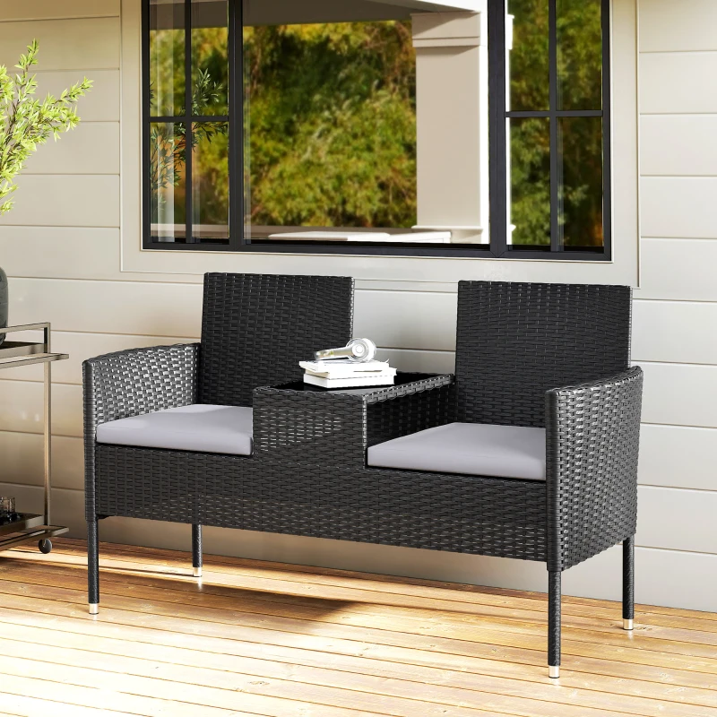 Outsunny Patio Furniture w/ Mid-Table PE Rattan Loveseat w/ Cushion, Light Grey