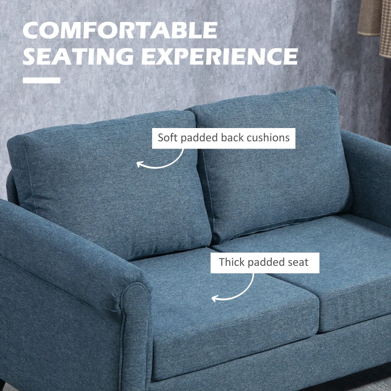 HOMCOM Vintage Loveseat, Upholstered Love Seat Furniture, Fabric 2 Seater Sofa with Rolled Arms, Rubber Wood Legs, Dark Blue