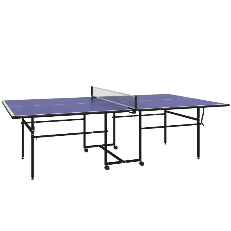 Soozier Full Size Table Tennis Table, Folding Ping Pong Table with Net, Paddles, Balls and Wheels, Blue