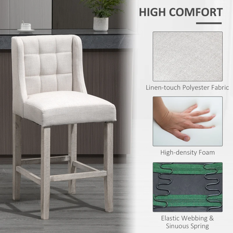 HOMCOM Modern Counter Bar Stools Tufted Upholstered Counter Chairs Set of 2 for Kitchen, Beige