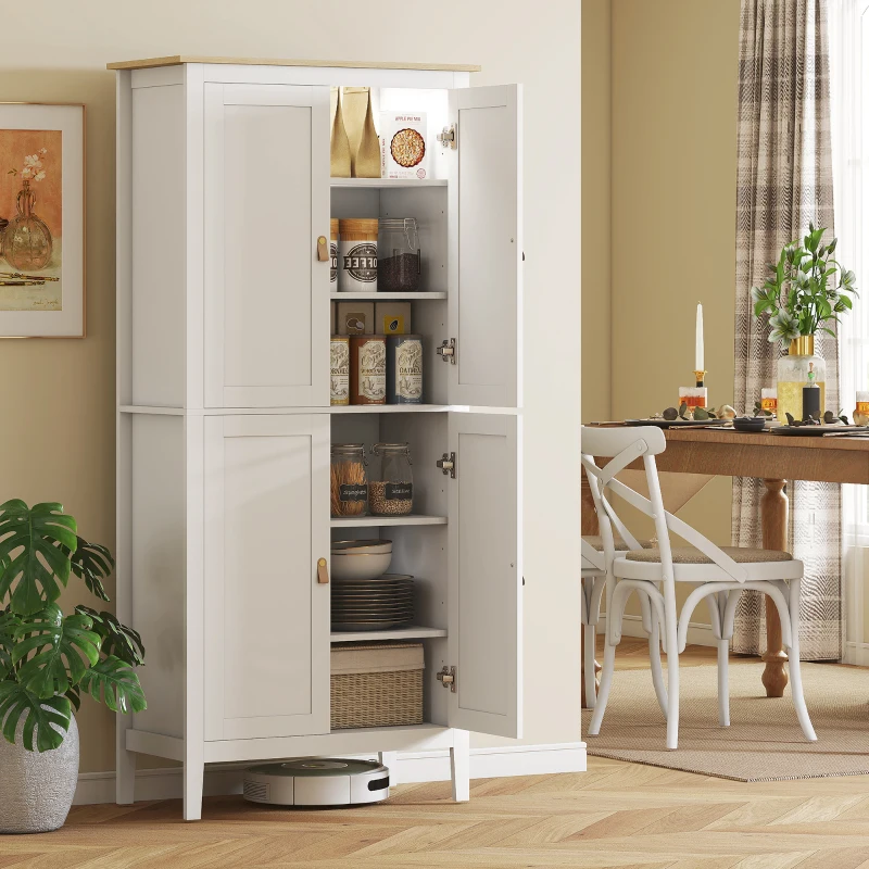 HOMCOM 69.5" Tall Kitchen Pantry Storage Cabinet with Motion Sensor LED Light, Modern Kitchen Pantry Cabinet, White