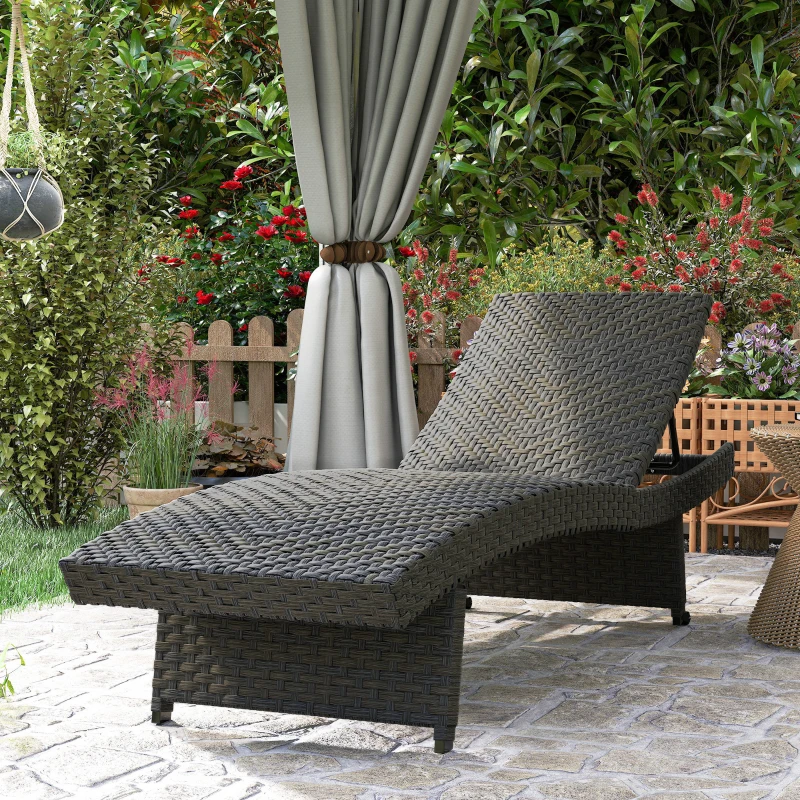 Outsunny Rattan Folding Outdoor Lounger Chair Recliner with 5-Level Adjustable Backrest, Wheels for Garden, Patio, Mixed Brown