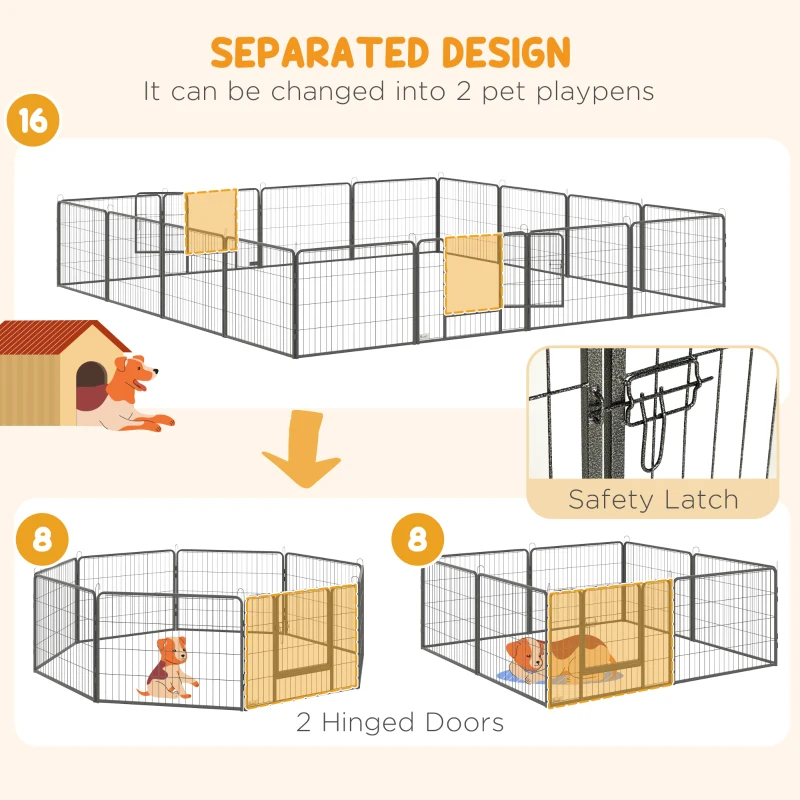 PawHut Heavy Duty Dog Playpen, 16 Panels Pet Playpen Dog Fence, Portable Puppy Exercise Pen, with 2 Doors Locking Latch, Outdoor or Indoor Use 23.5" Height