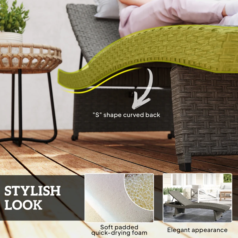 Outsunny Rattan Folding Outdoor Lounger Chair Recliner with 5-Level Adjustable Backrest, Wheels for Garden, Patio, Mixed Grey